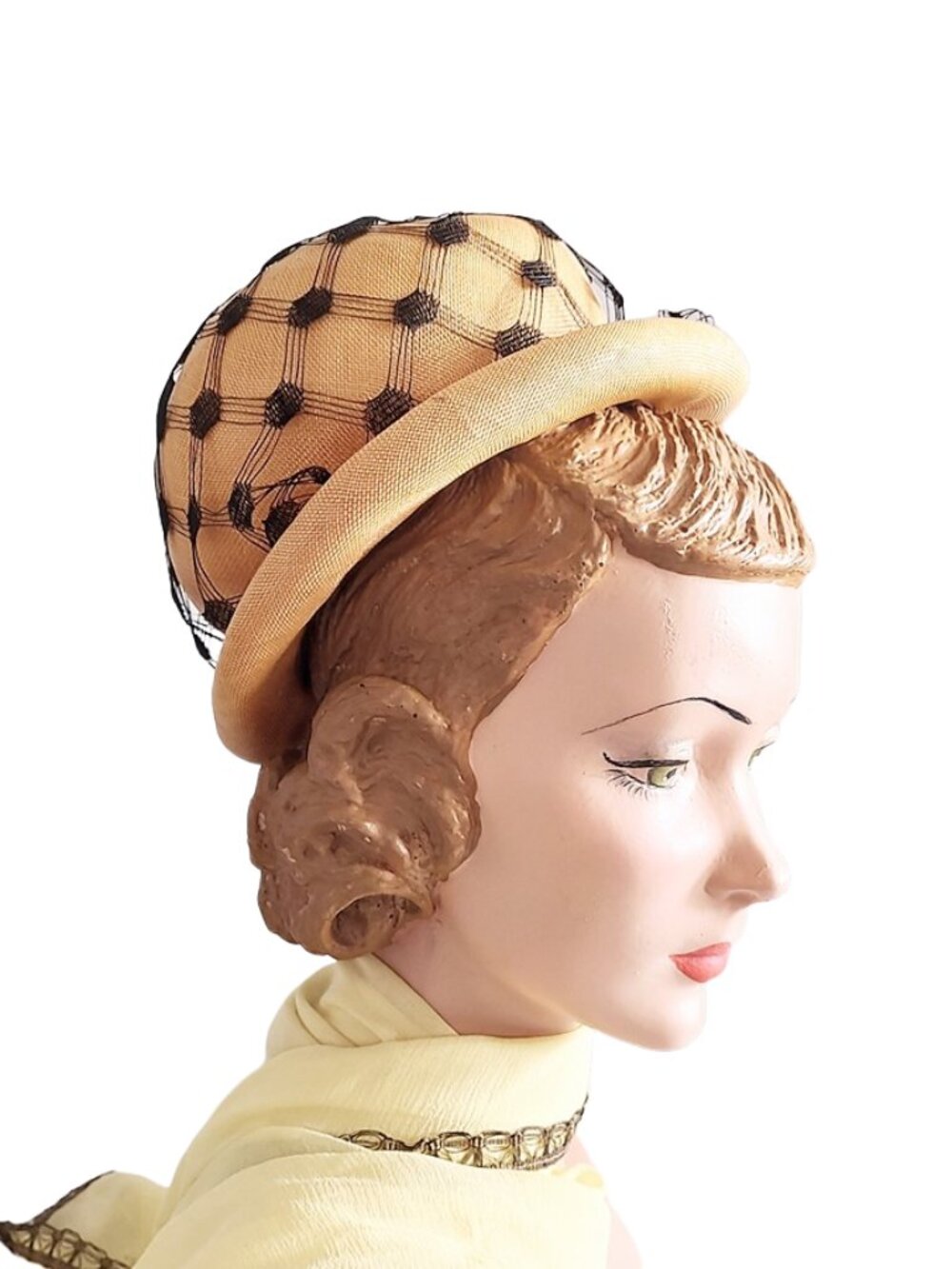 1960s Vintage Designer Tan Camel Straw Round Bubble Hat With Black Netting